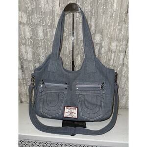 TRUE RELIGION Denim Pocket Horseshoe Logo Shoulder Crossbody Bag Light Blue